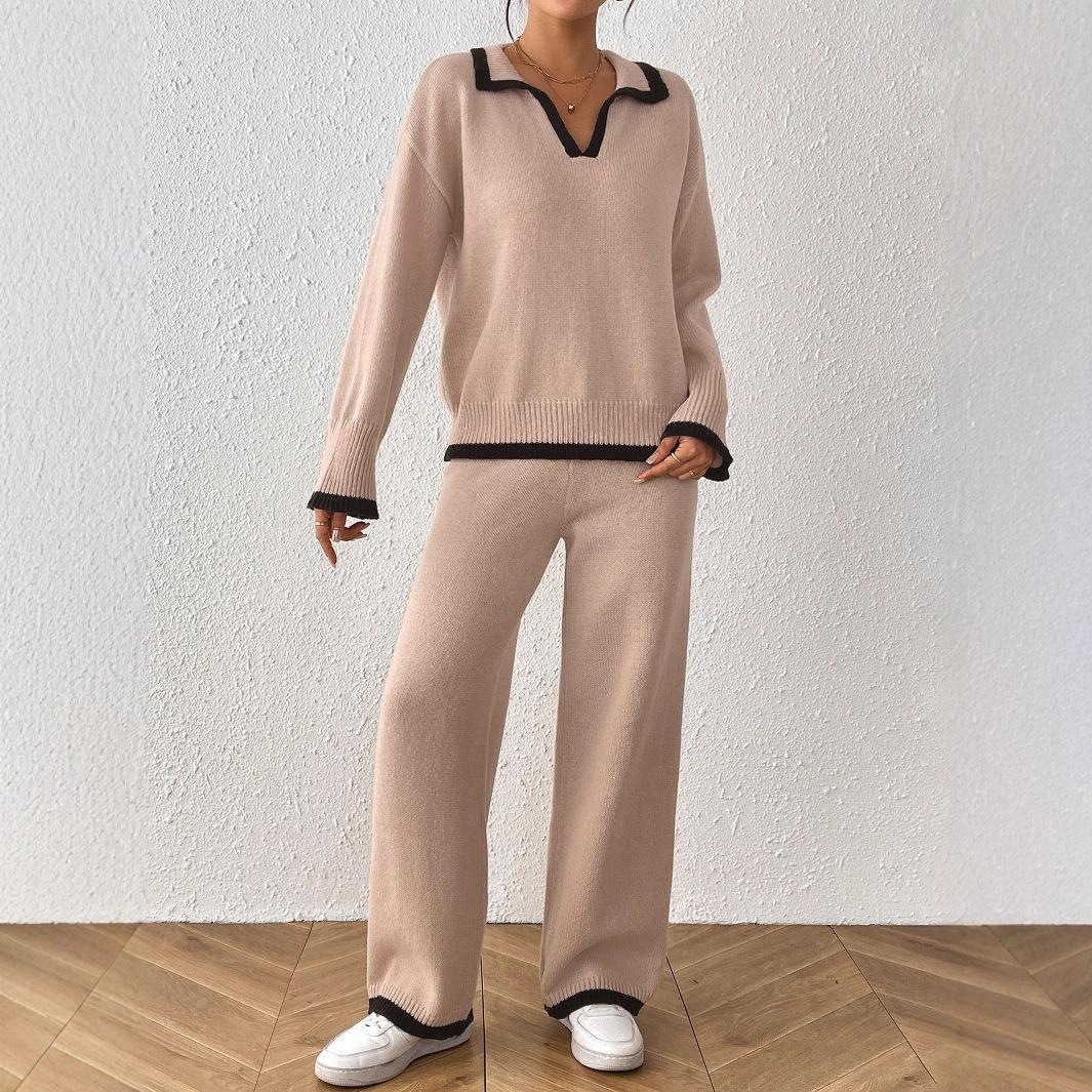Women's Color-Block Polo Neck Sweater and Wide-Leg Pants Two-Piece Set