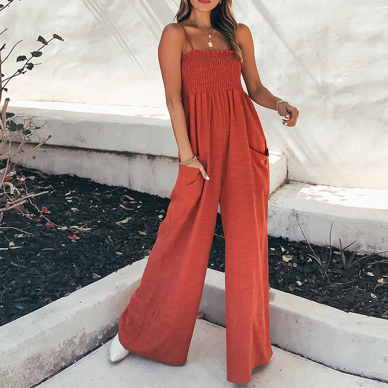 Women's Sleeveless Pleated Wide-Leg Jumpsuit Solid Color Commuter