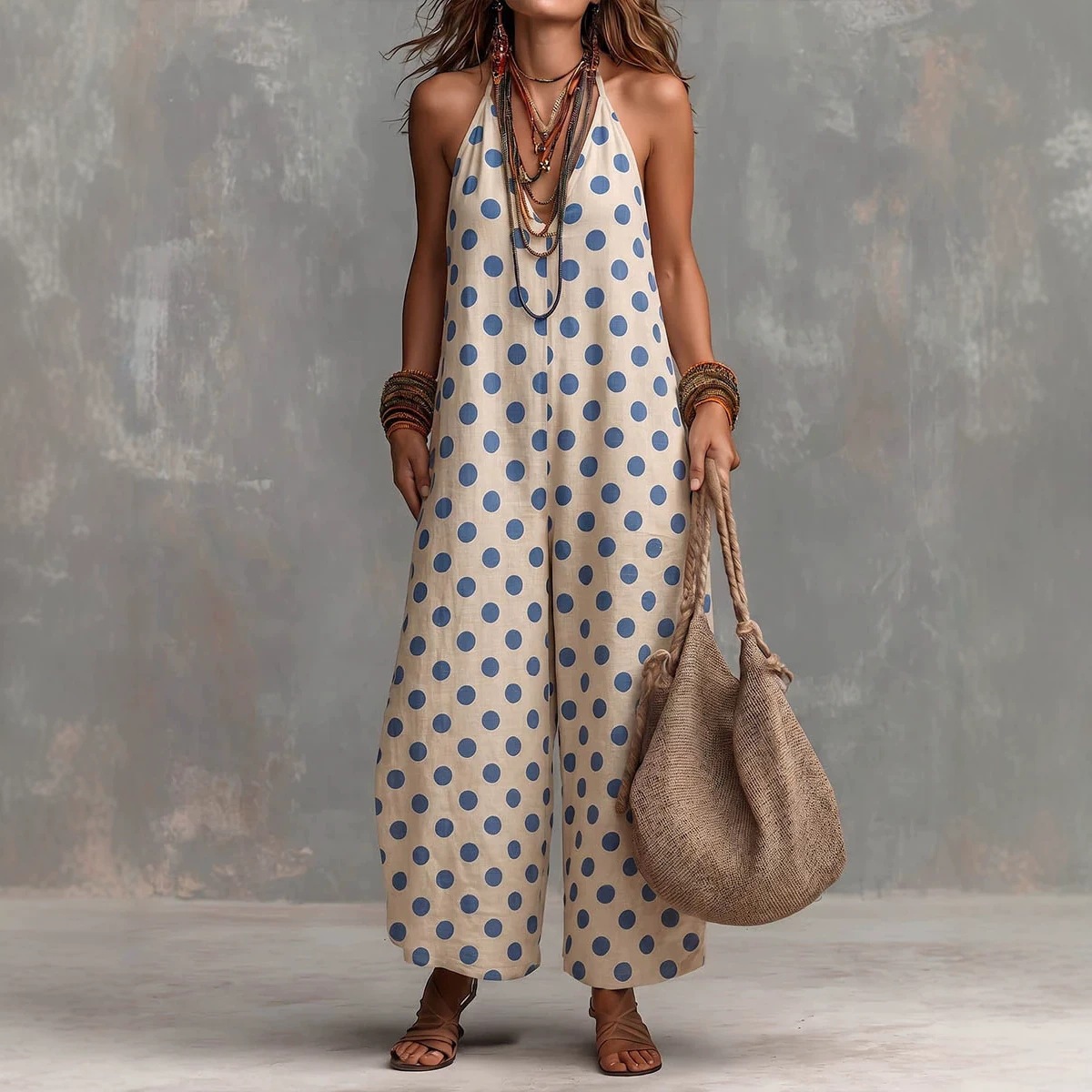 Women's Polka Dot Halter Wide-Leg Jumpsuit Sleeveless Summer Vacation Outfit