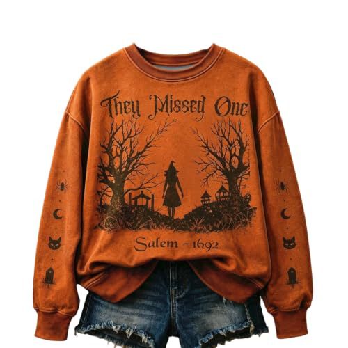 Halloween Witch Castle Print Crewneck Long Sleeve Pullover Sweatshirt