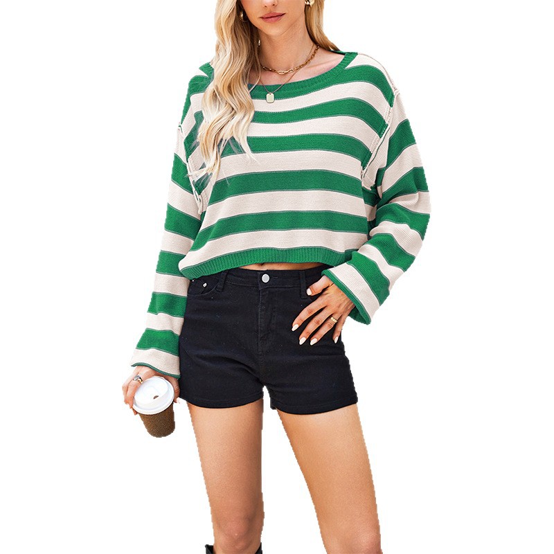 Striped Pullover Sweater Loose Short Knit Top