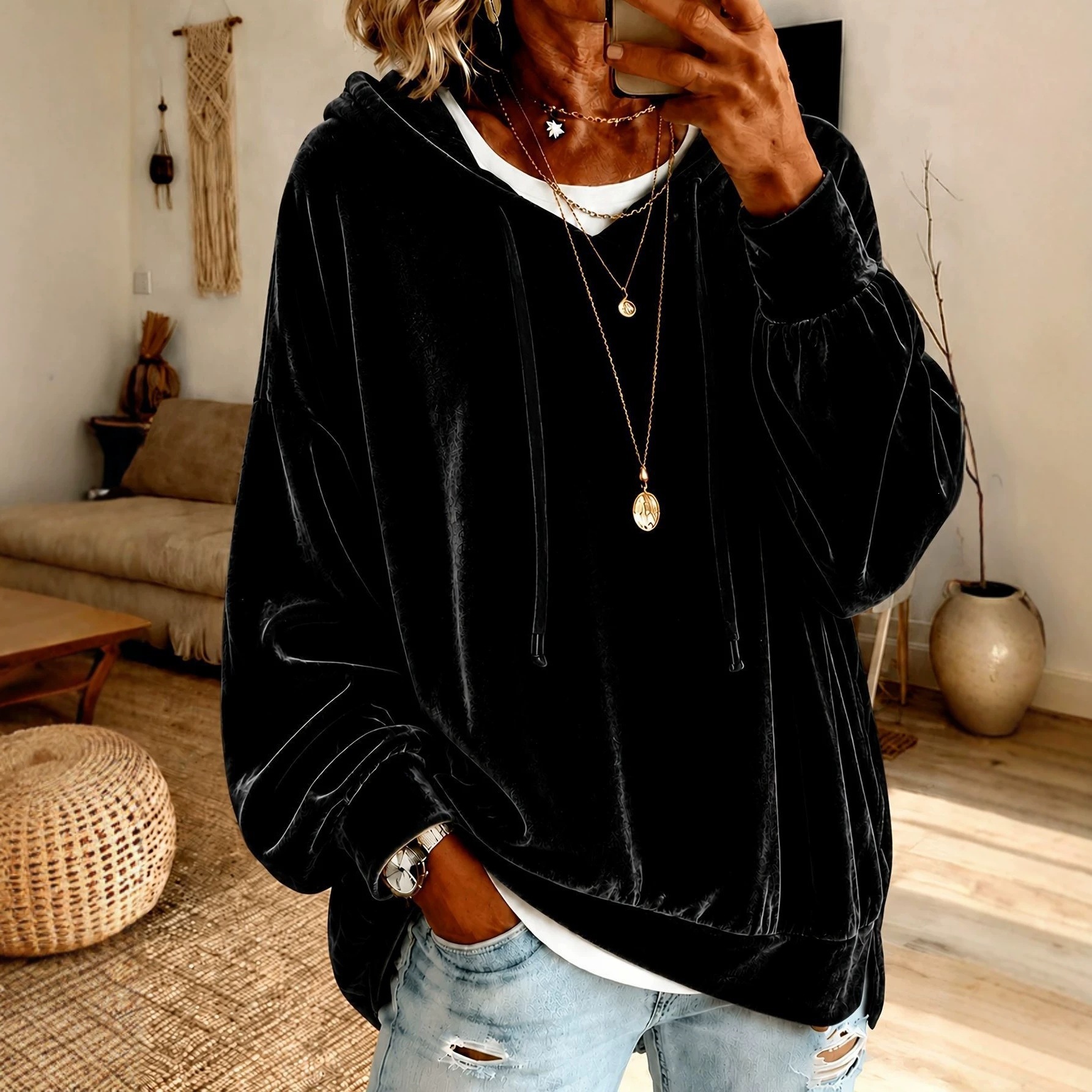 2026 Women's Velvet Hooded Drawstring Sweatshirt Loose Casual Long Sleeve Top Jacket for Europe and America Amazon Independent Station