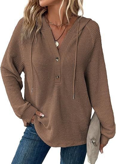 Women's Waffle Knit Drawstring Button V-Neck Hooded Sweatshirt