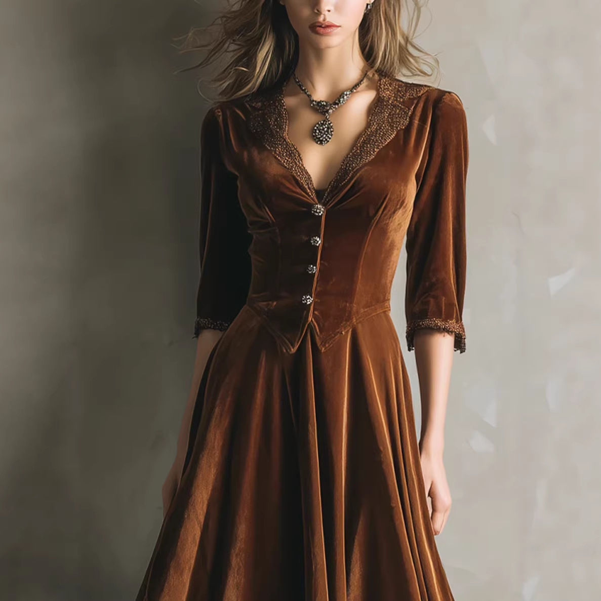 Western V-Neck Velvet Lace-Trim Maxi Dress