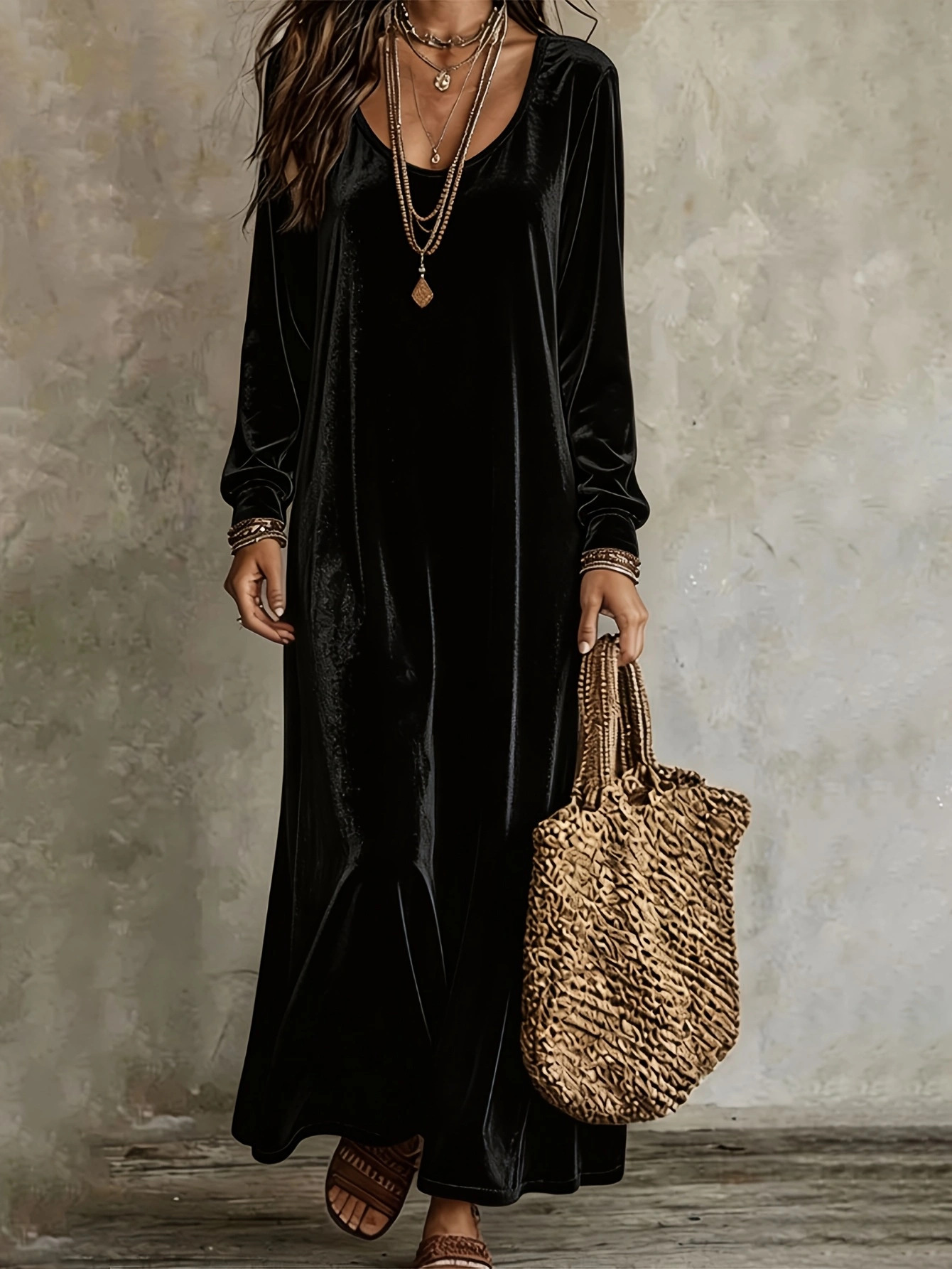 Solid Crewneck Long Sleeve Loose Casual A-Line Maxi Dress