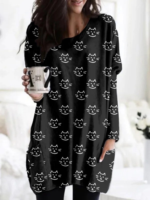 Women's Animal Print A-Line Midi Dress Long Sleeve Crew Neck Casual