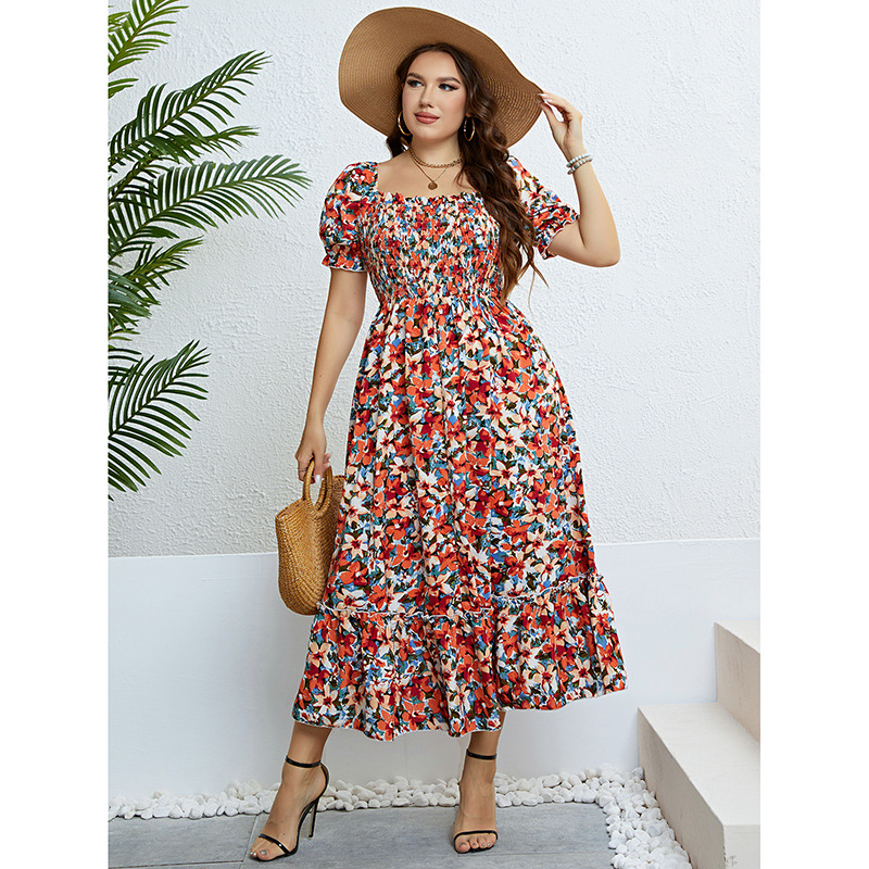 Floral Off-Shoulder A-Line Midi Dress with Puff Sleeves and Cinched Waist