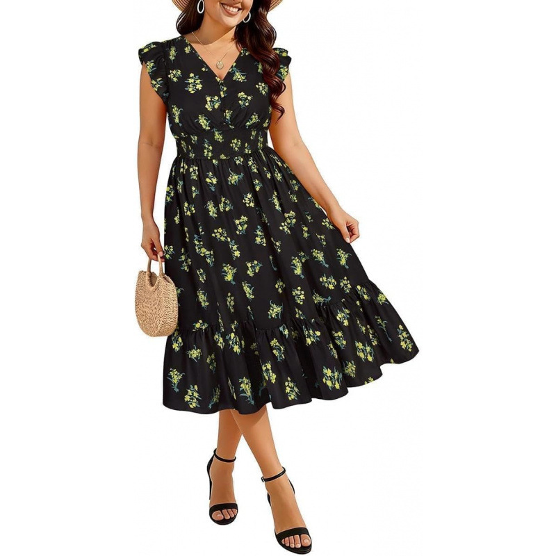 Women's Plus Size V-Neck Boho Floral Midi Dress