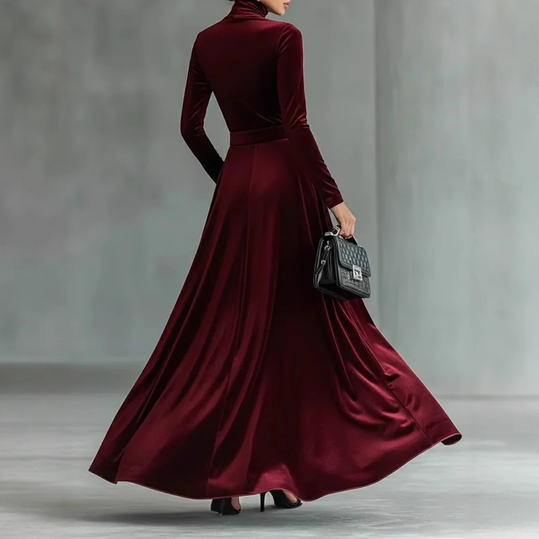 High Neck Velvet Bodycon Midi Dress Long Sleeve Party Cocktail