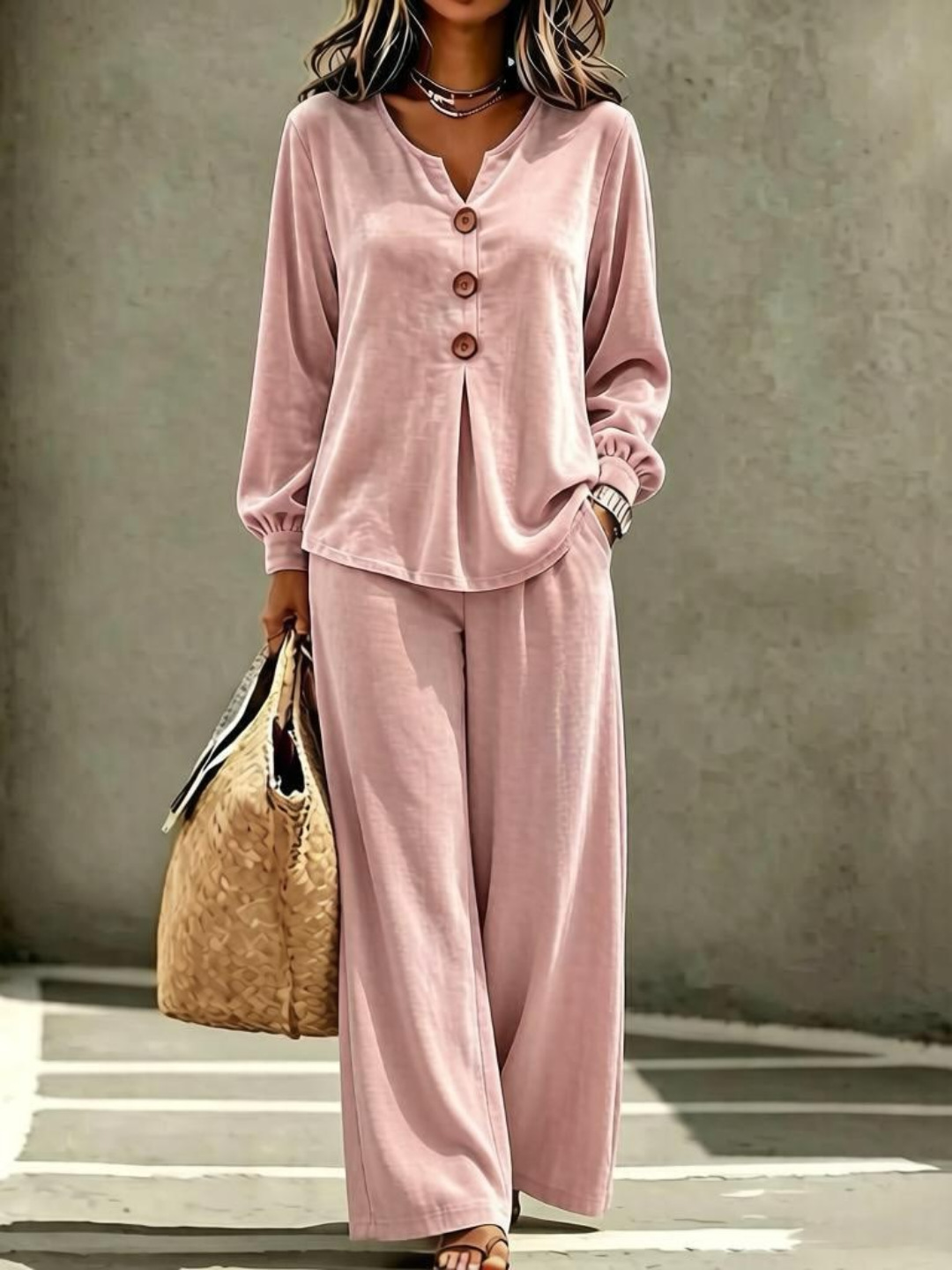 Women's Velvet Button V-Neck Long Sleeve Top and Pants Two-Piece Set