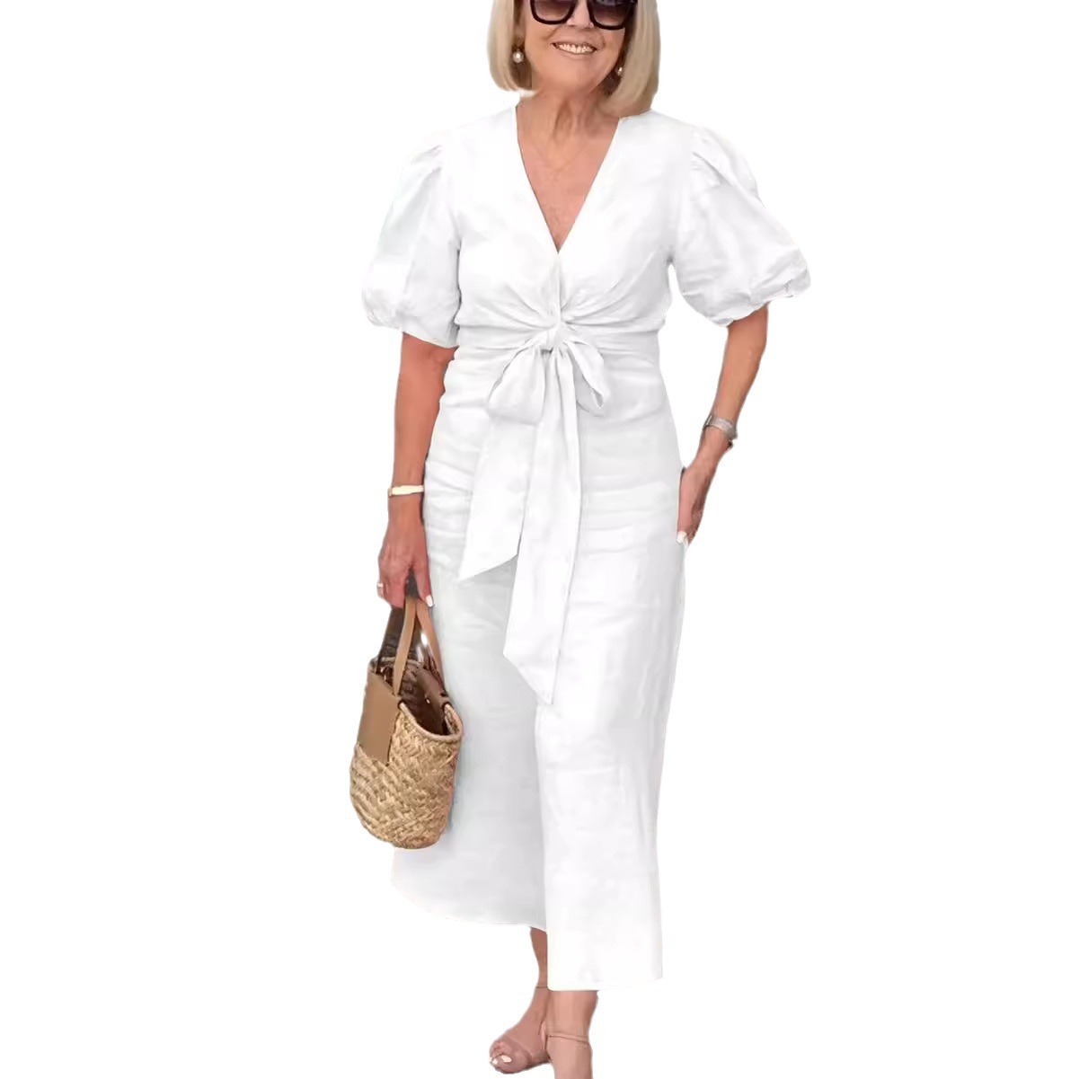 V-Neck Tie-Front Bubble Sleeve Cotton Dress