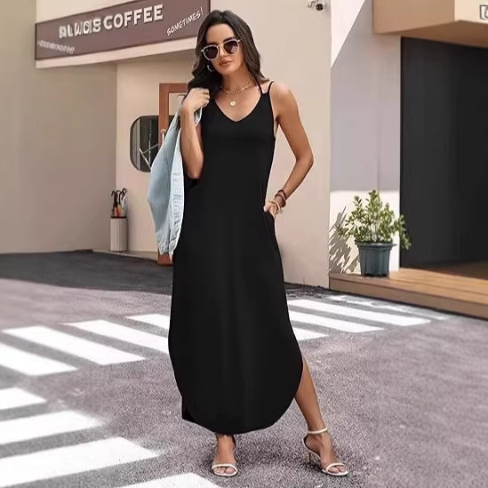 Solid Color Sleeveless V-Neck Midi Dress