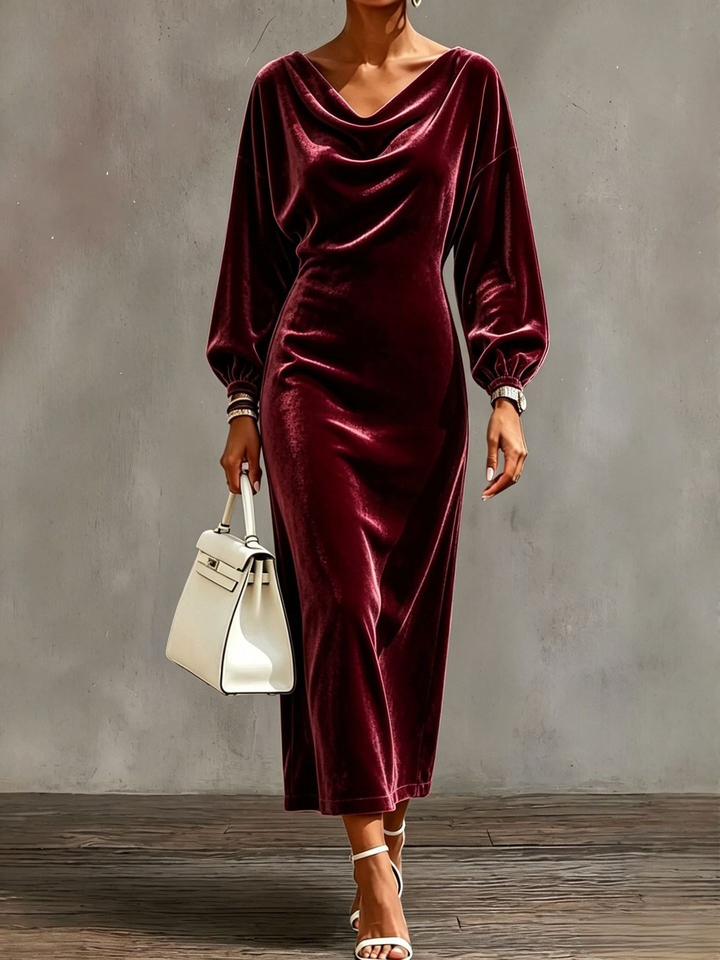 Solid Velvet Cowl Neck Slim Fit Long Sleeve Dress