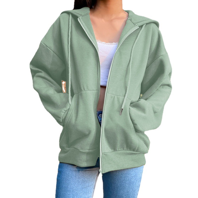 Women's Fleece-Lined Hooded Zip-Up Sweatshirt Long Sleeve Solid Color