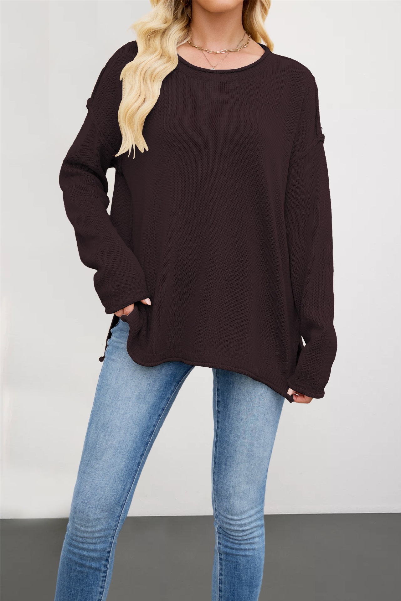 Women's Solid Crewneck Knit Pullover Sweater Loose Fit