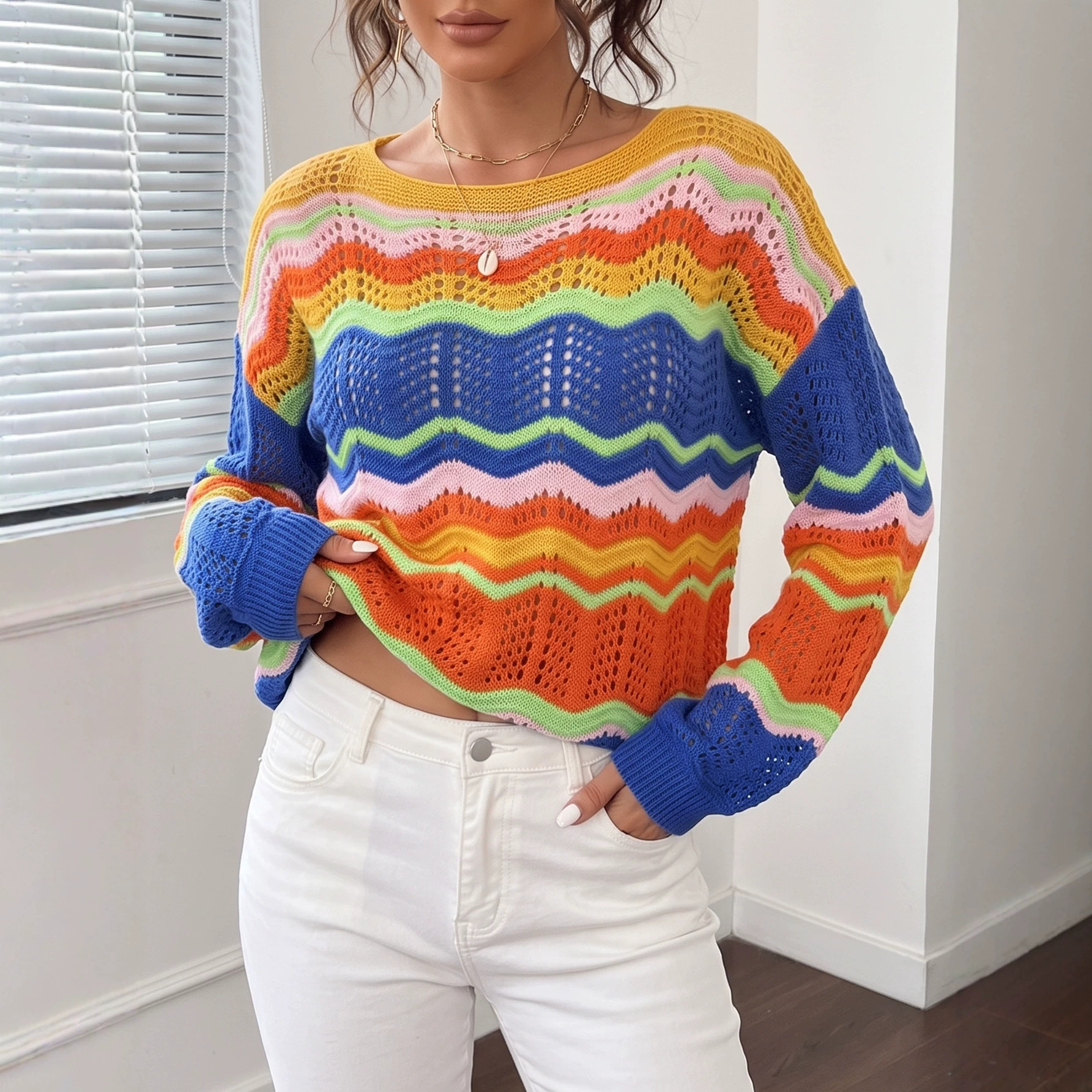 Rainbow Striped Openwork Knit Pullover Sweater