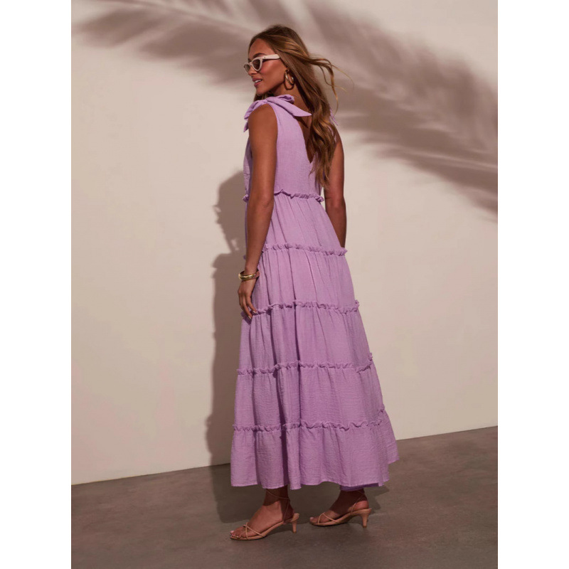 V-Neck Button Ruffle Midi Dress