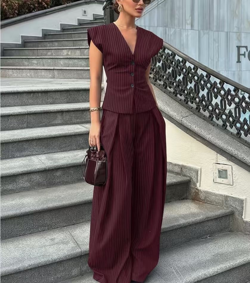 V-Neck Sleeveless Wide-Leg Pants Set Slimming Waist Office Casual