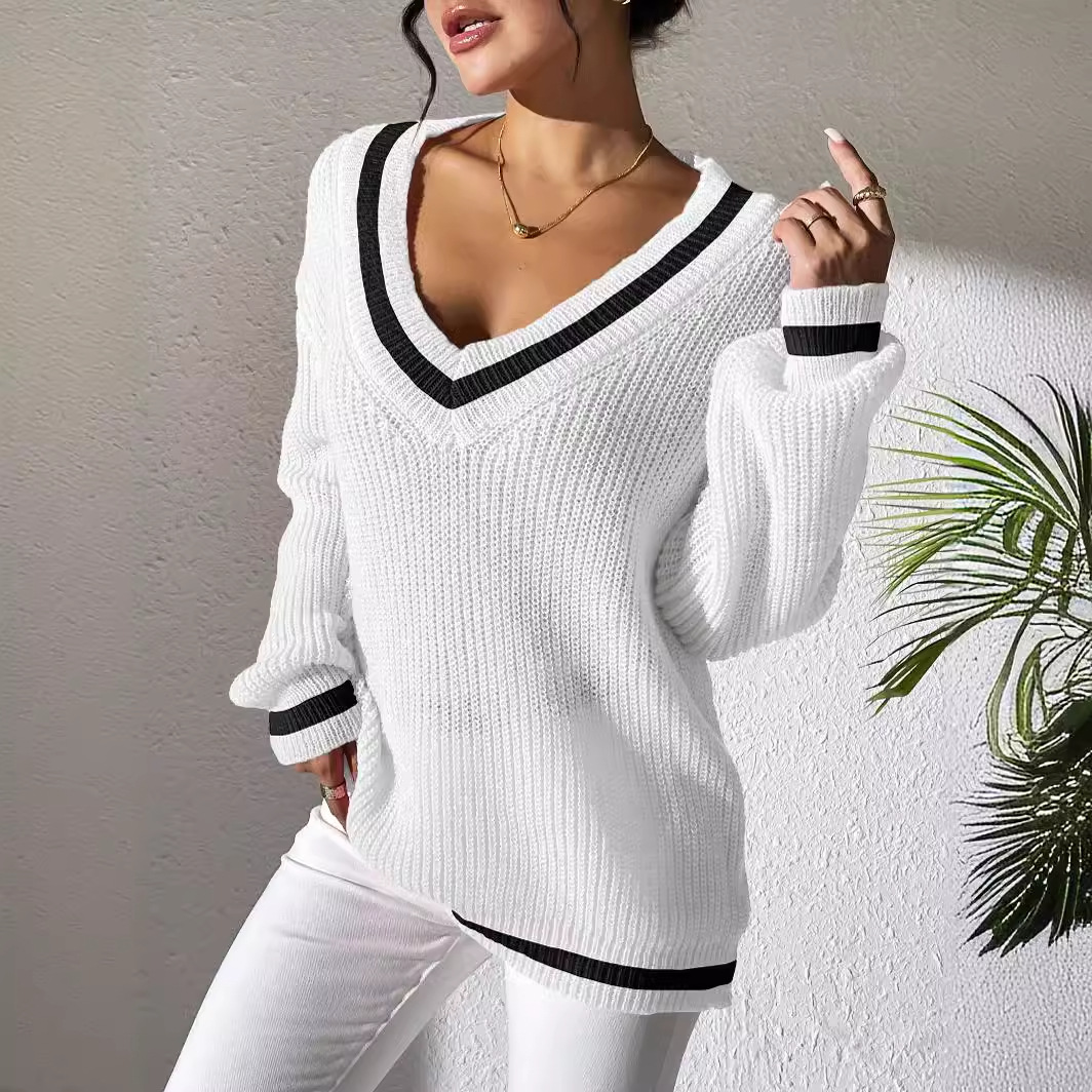Women's Preppy Color-Block V-Neck Sweater