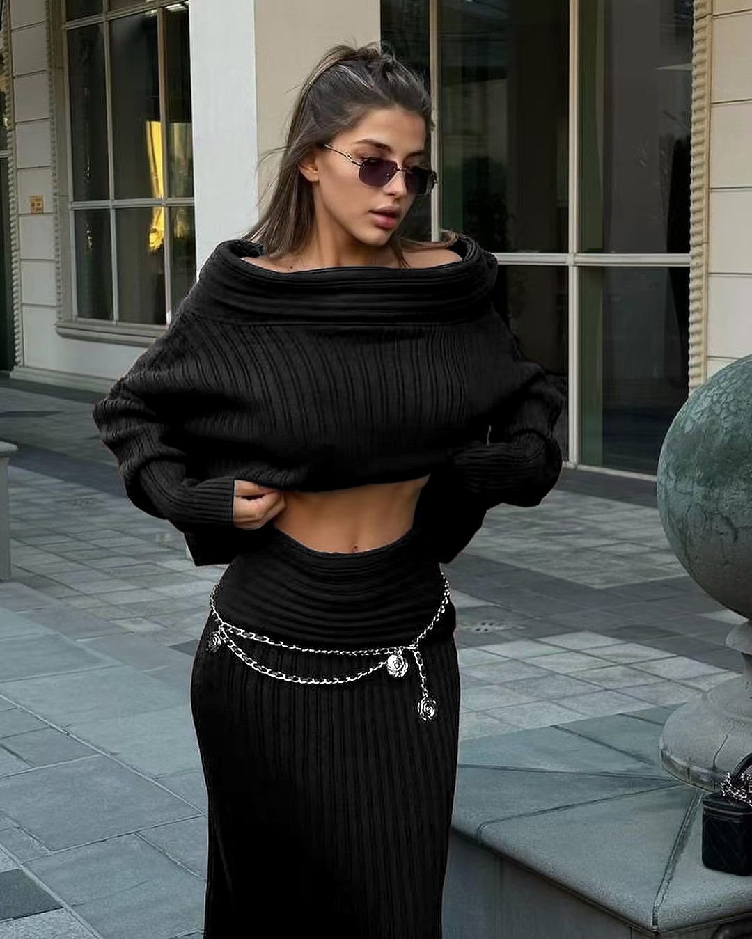 Off-Shoulder Slimming Loose Solid Knit Sweater Two-Piece Long Sleeve Set