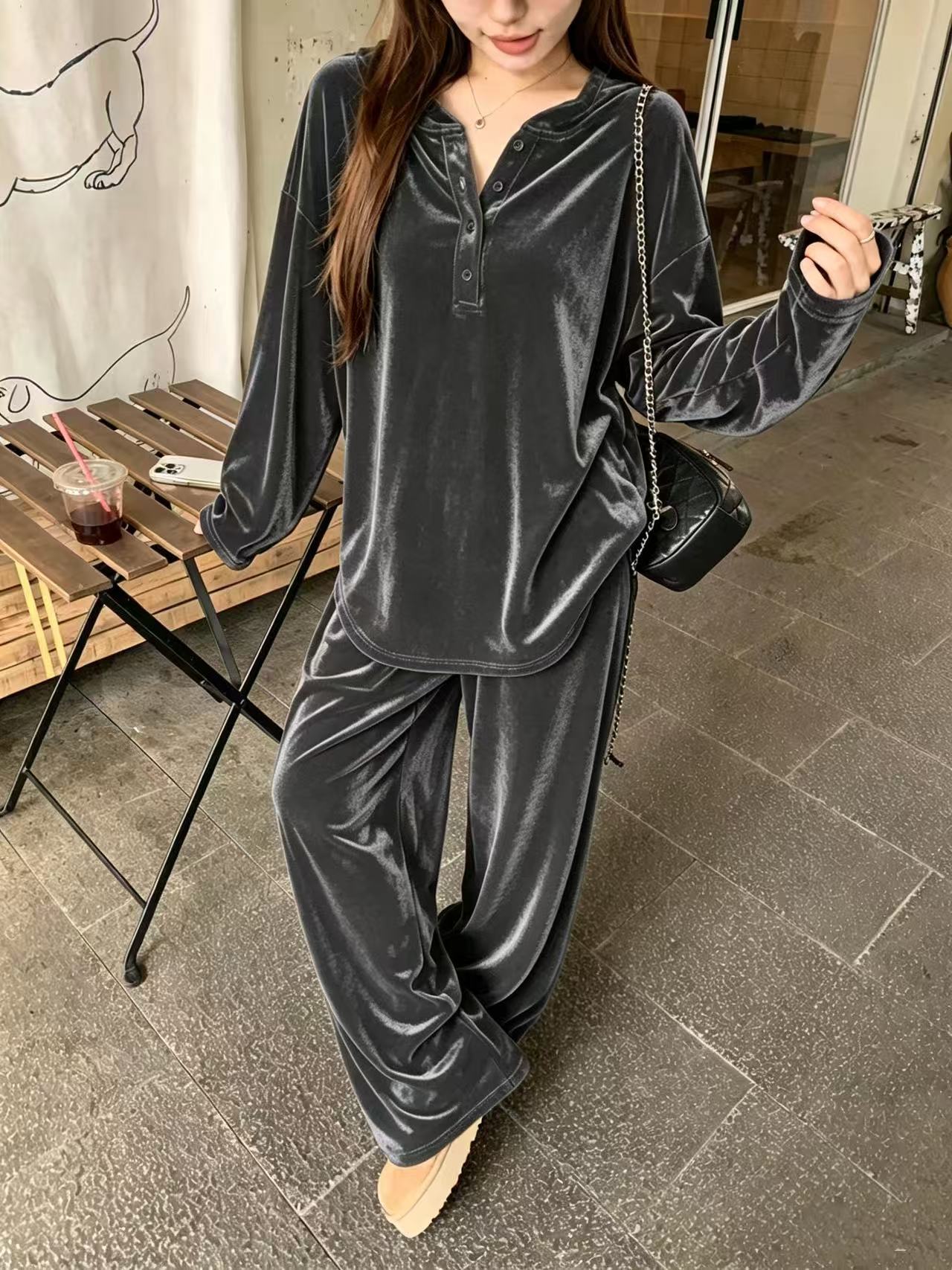 Solid Button Drawstring Loose Long-Sleeve Women's Pants Set