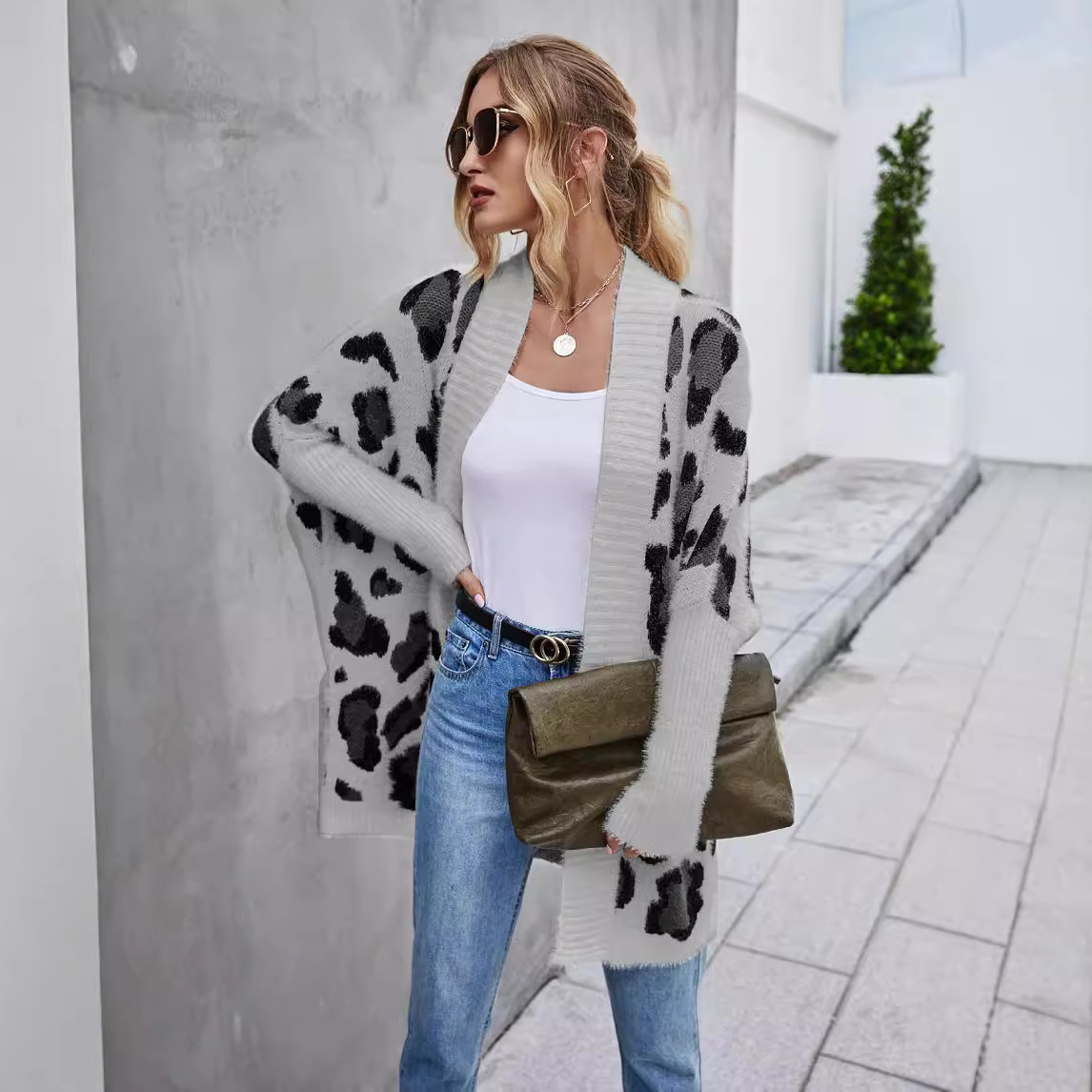 Women's Leopard Print Knit Cardigan Loose Fit Long Sleeve