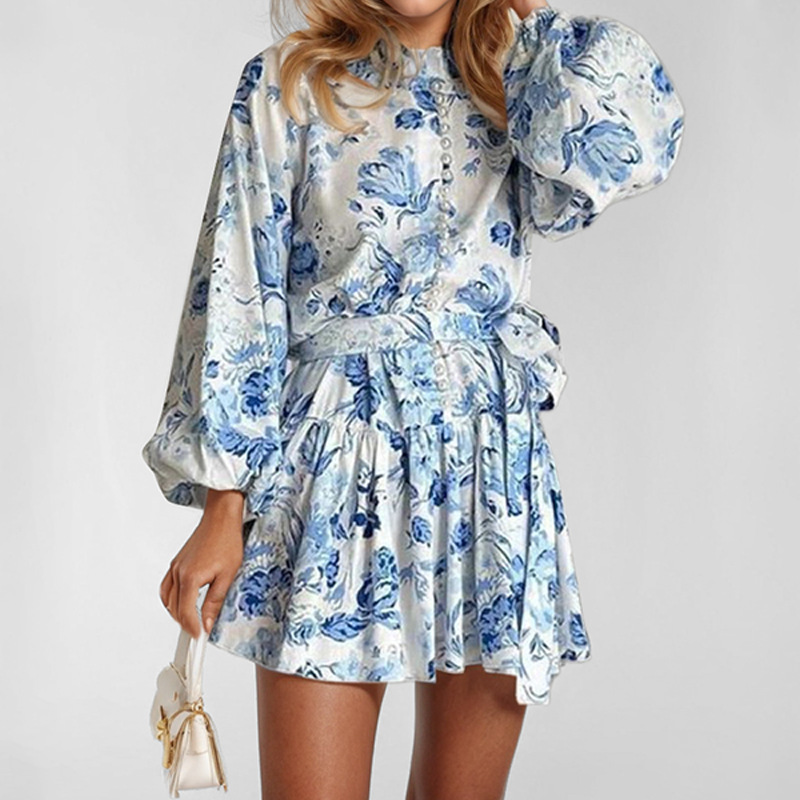 Elegant Long-Sleeve Tie-Front Dress with Traditional Print