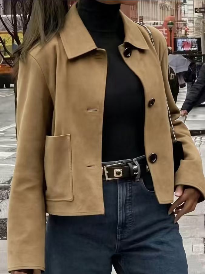 Suede Women's Slim Fit Single-Breasted Lapel Commuter Jacket