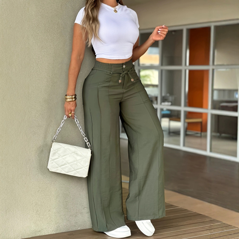 Women's High-Waist Wide-Leg Dress Pants with Front Pintuck and Tie Belt