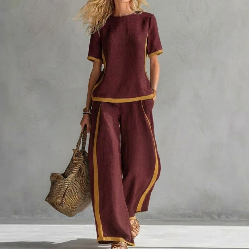 Women's Color-Block Short Sleeve Tee & Wide-Leg Pants Two-Piece Set