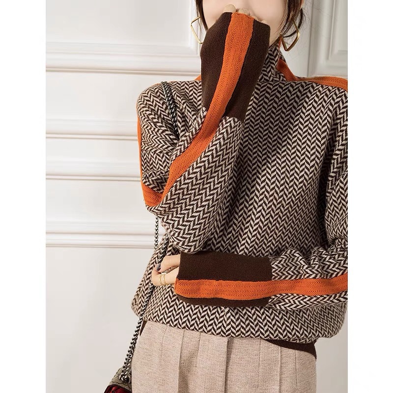 Women's Cozy High-Neck Color-Block Faux Wool Knit Sweater