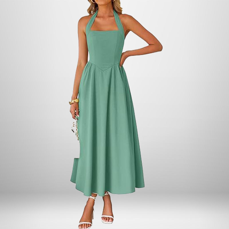 Women's Sleeveless Halter Backless A-Line Midi Dress