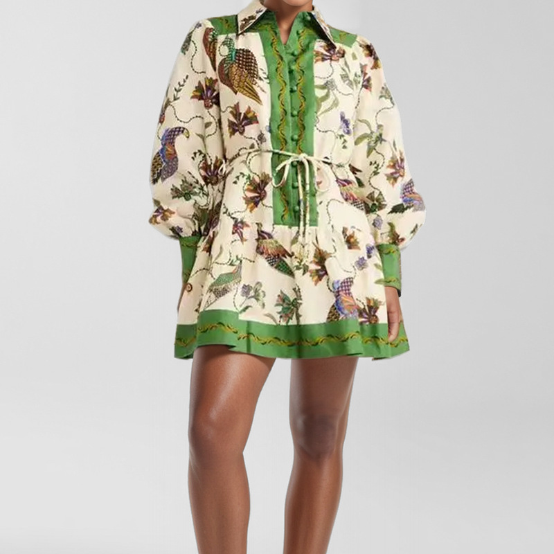 Women's Long Sleeve Shirt and Pleated Skirt Printed Two-Piece Set