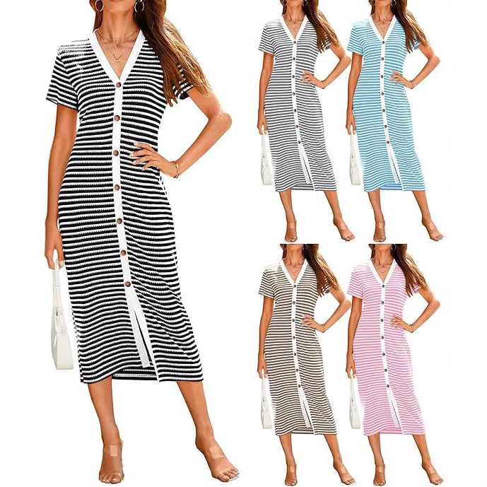 Striped Knit Midi Dress with Decorative Buttons