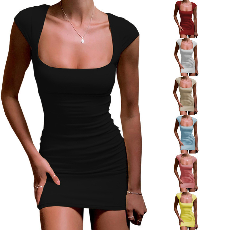 Women's Solid Square Neck Short Sleeve Bodycon Dress