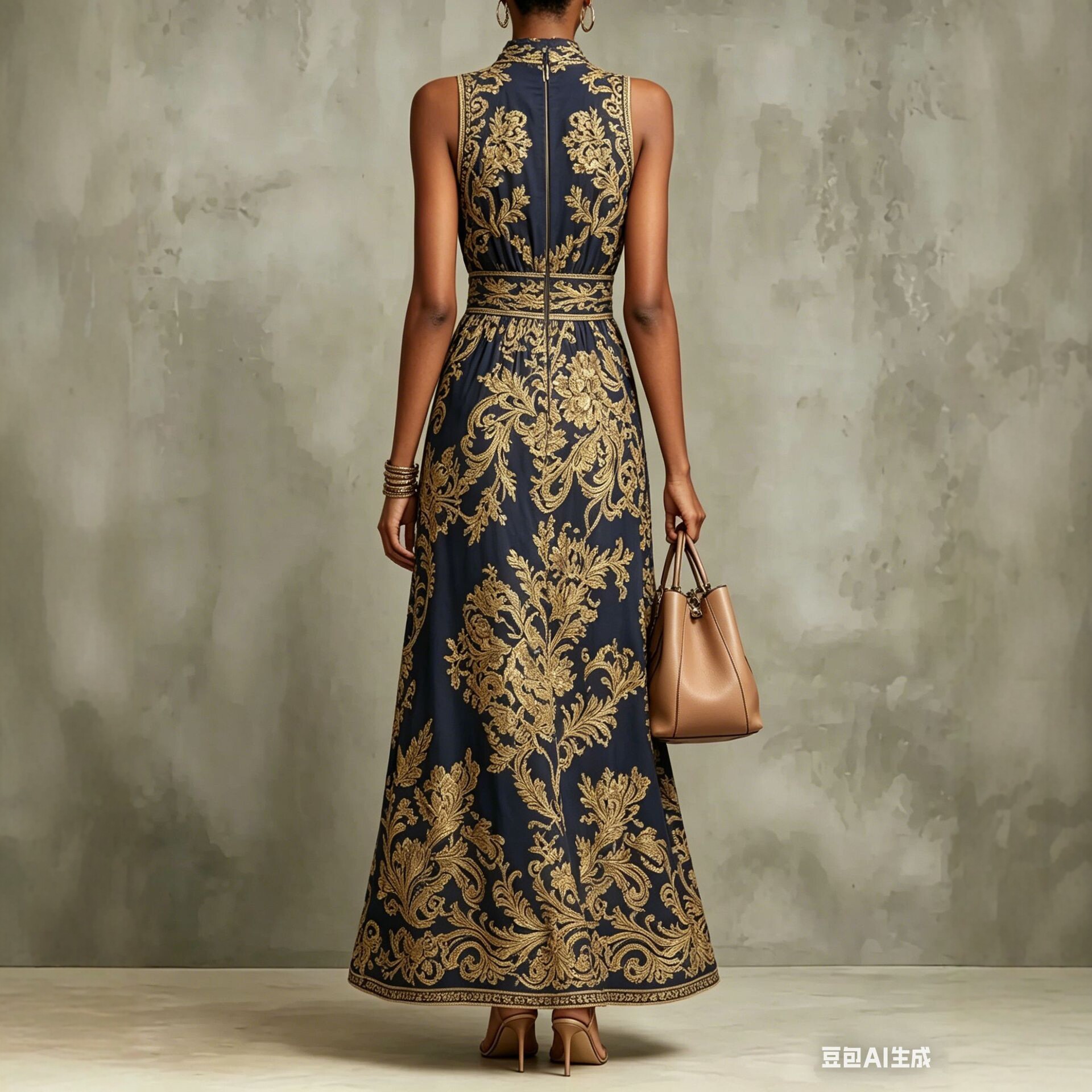 Vintage Gold Embroidered Long Slim Evening Dress