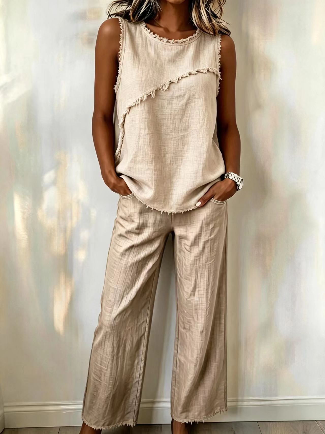 Women's Sleeveless Fringe Trim Top & Wide-Leg Pants Two-Piece Set