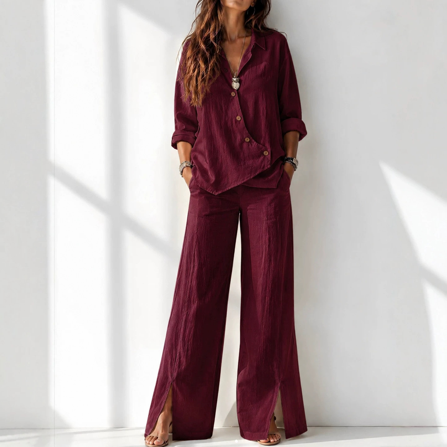 Women's Solid Color Asymmetric Long Sleeve Cardigan & Pants Set