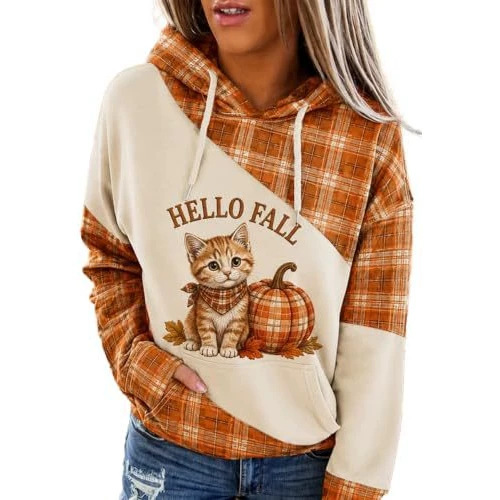 Plaid Cat & Pumpkin Print Hooded Sweatshirt for Women