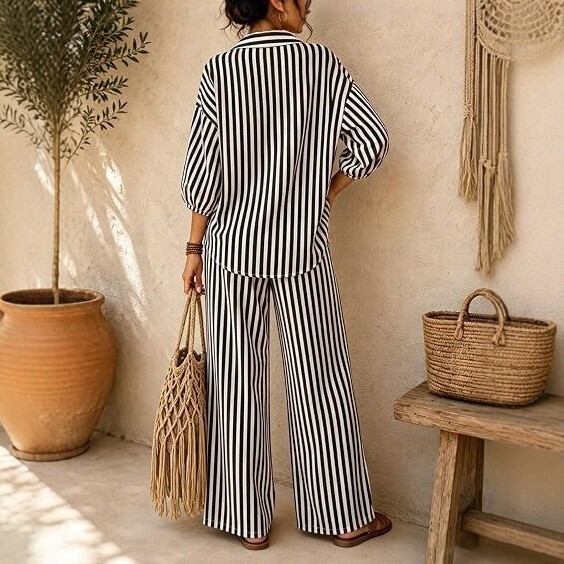 Striped Collared Lantern-Sleeve Shirt & Wide-Leg Pants Two-Piece Set