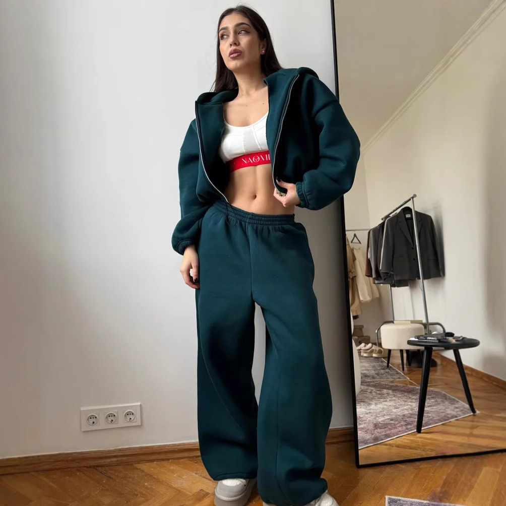 Women's Solid Color Zip-Up Hoodie and Drawstring Jogger Two-Piece Set