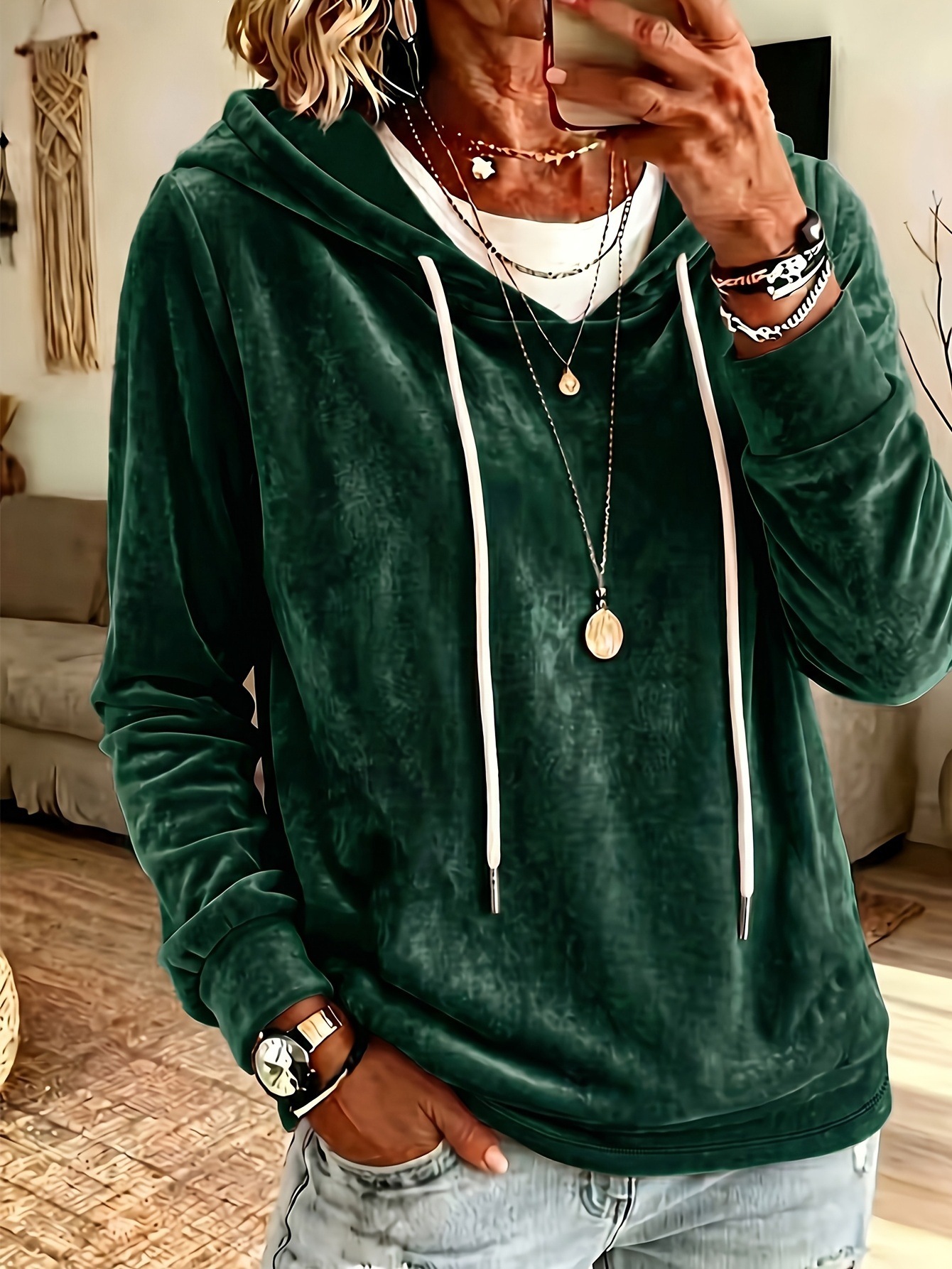 Women's Elegant Solid Velvet Hooded Long-Sleeve Top Sky Blue