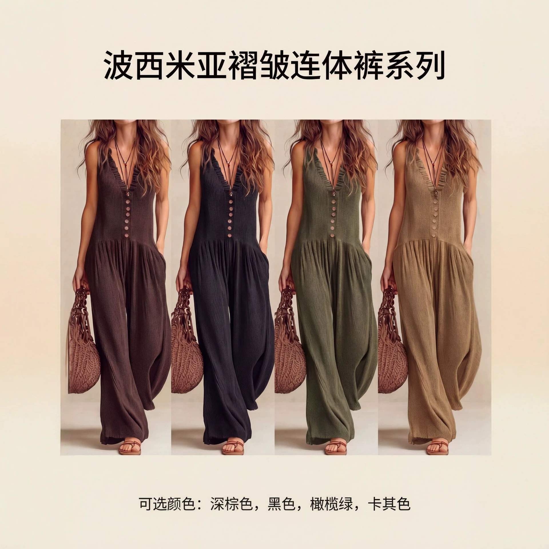 Women's Boho V-Neck Wide-Leg Jumpsuit