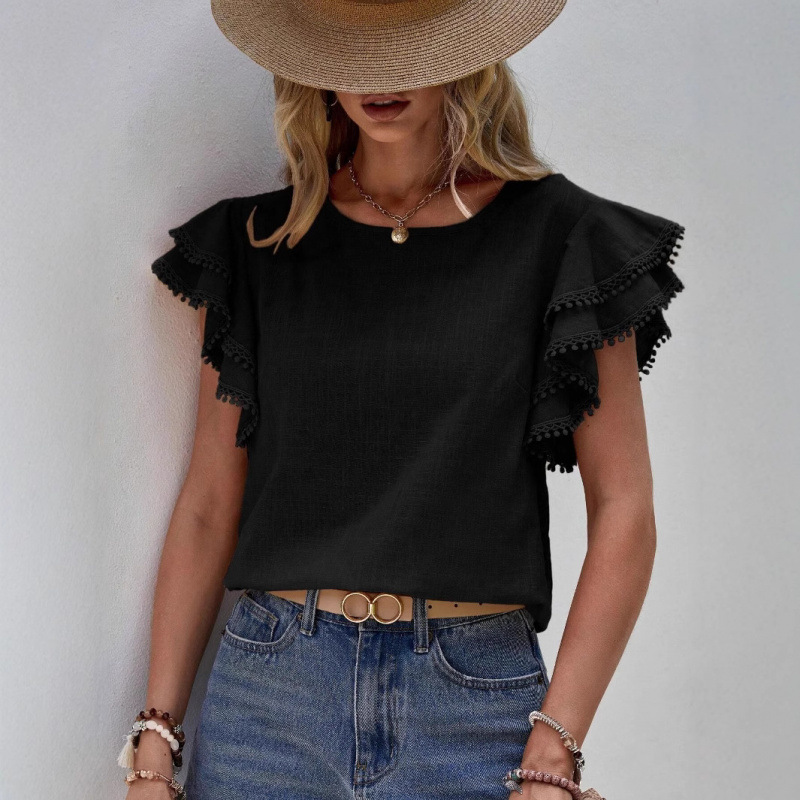 Women's Casual Round Neck Ruffle Sleeve Loose Blouse