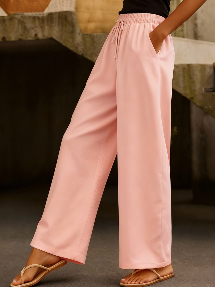 Women's Cotton-Linen Wide-Leg Pants with Drawstring Elastic Waist and Side Pockets