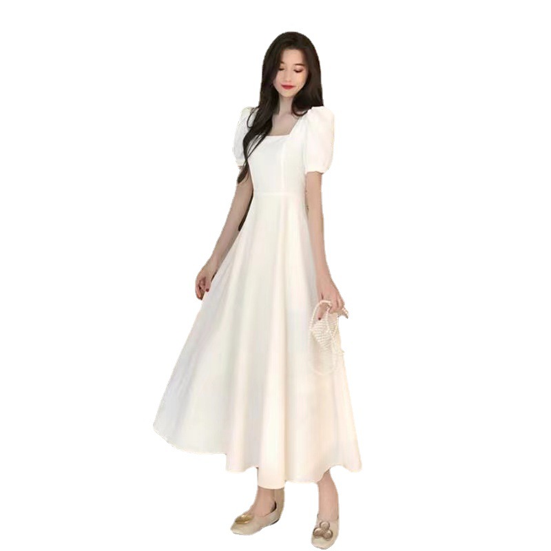 French Vintage Hepburn Style Midi Dress Square Neck Puff Sleeve A-Line
