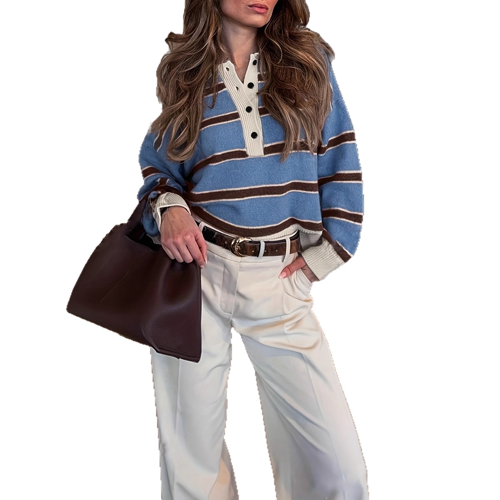 Japanese Retro Striped Half-Button Polo Sweater Women's Loose Slouchy Knit Top