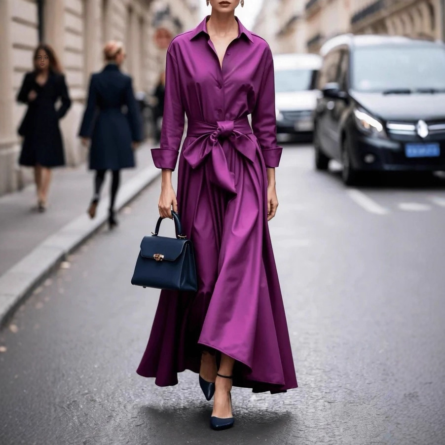 Long Sleeve Collared Solid Long Dress with Tie Belt