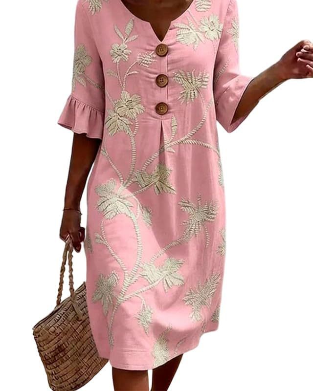 Women's Floral Print Ruched Three-Button Rolled-Sleeve Dress