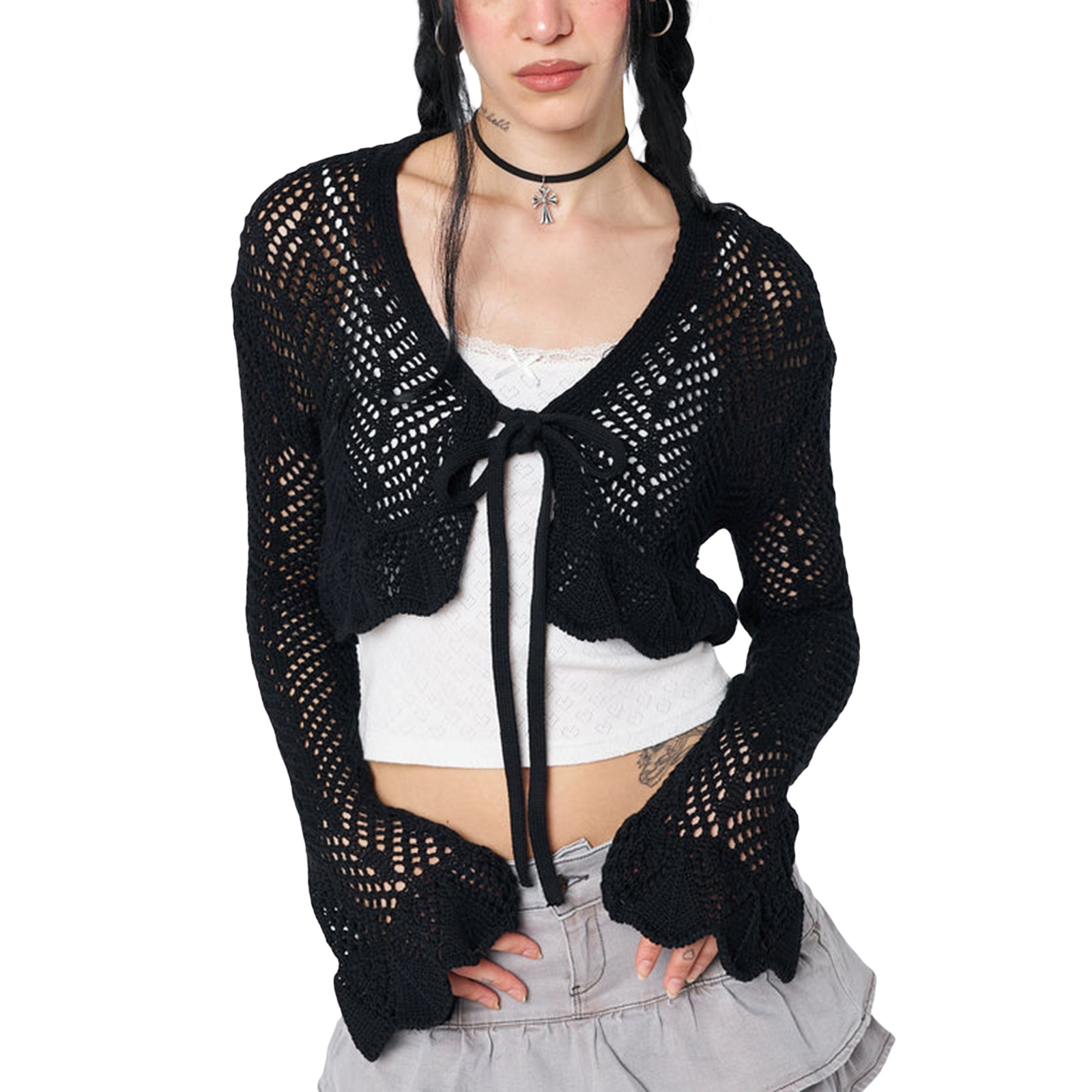Women's Open-Knit V-Neck Tie-Front Bell-Sleeve Cardigan